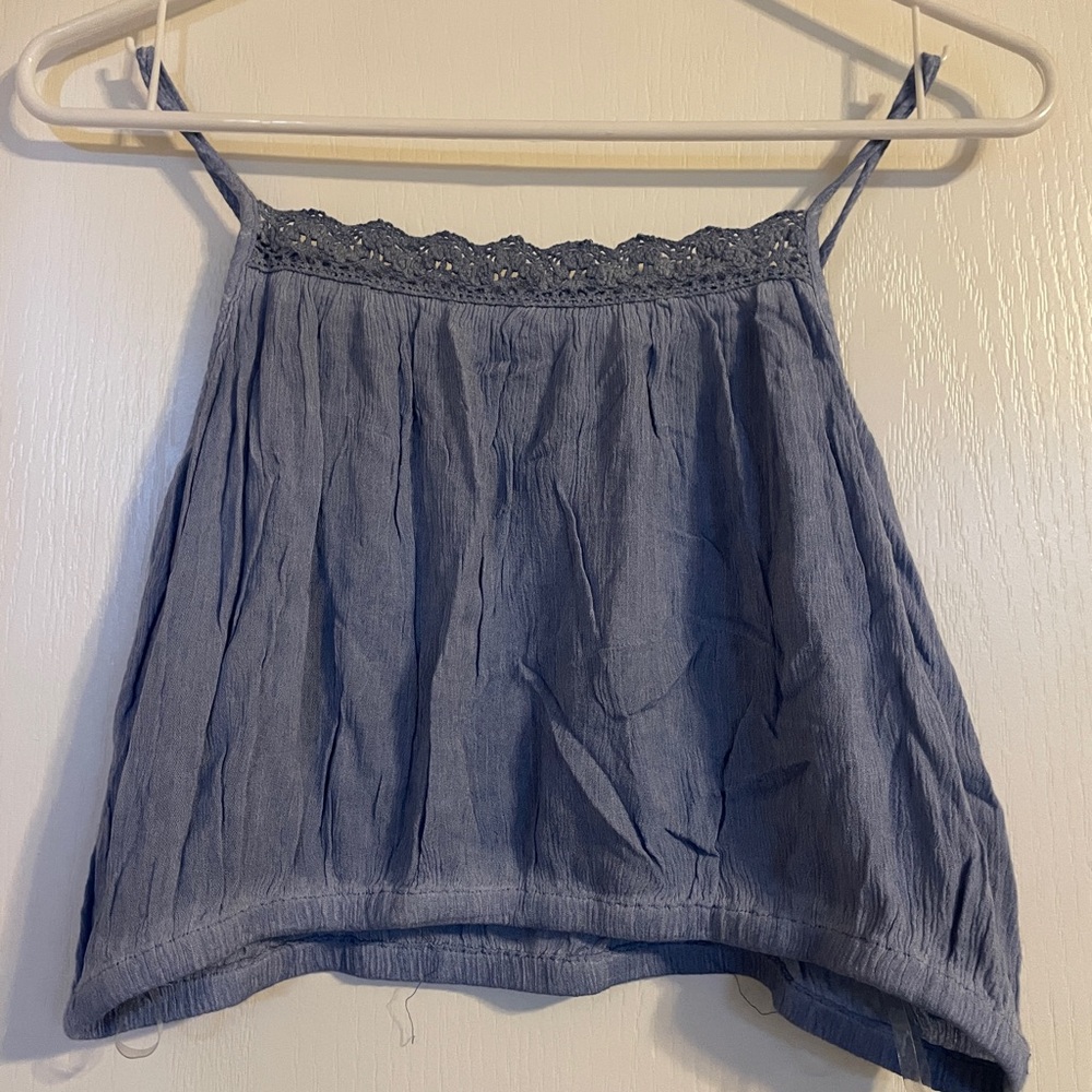 NWOT POL Blue Textured Crop Top with Lace Large Boho Coquette Cottage Beach